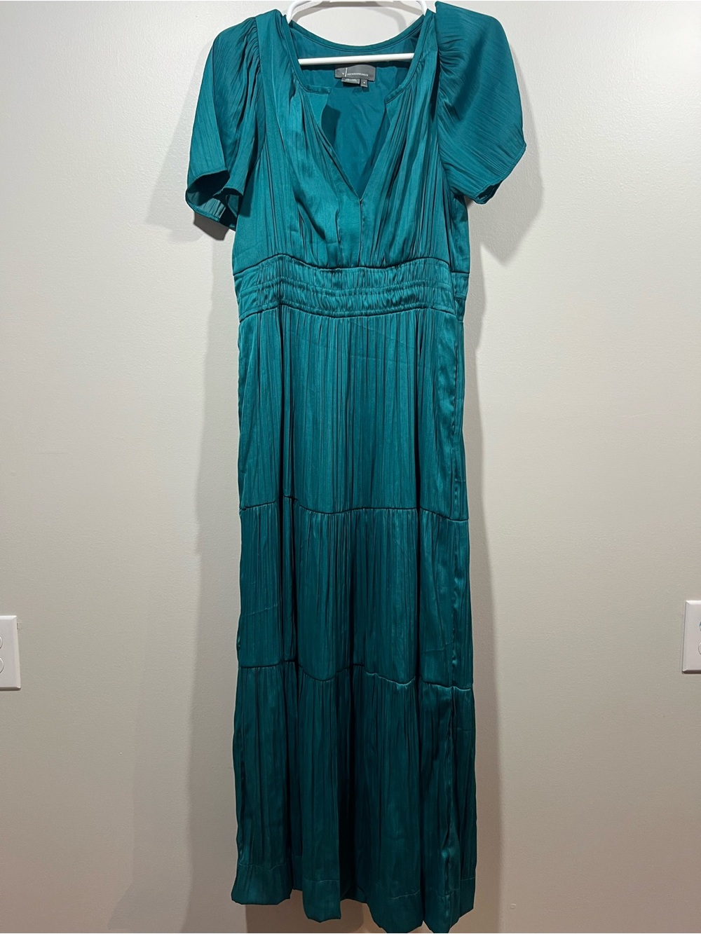 Anthropologie The Somerset Teal V-Neck Tiered Maxi Dress Medium
